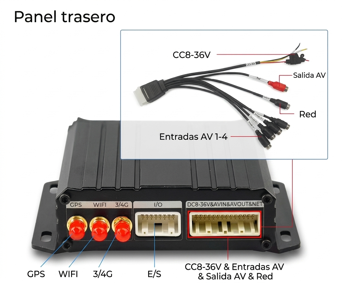 MDVR de 4 Canales con Cámara Pequeña, GPS y Rastreador de Vehículos.